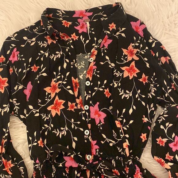 Free People Lighten Up Dress Floral on Black long sleeve with tie waist Sz XS - Picture 15 of 15
